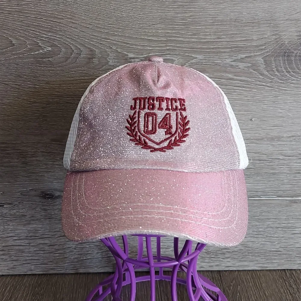 Justice Pink Shimmering Sparkly Iridescent Pony Tail Ball Cap Hat OSFM
